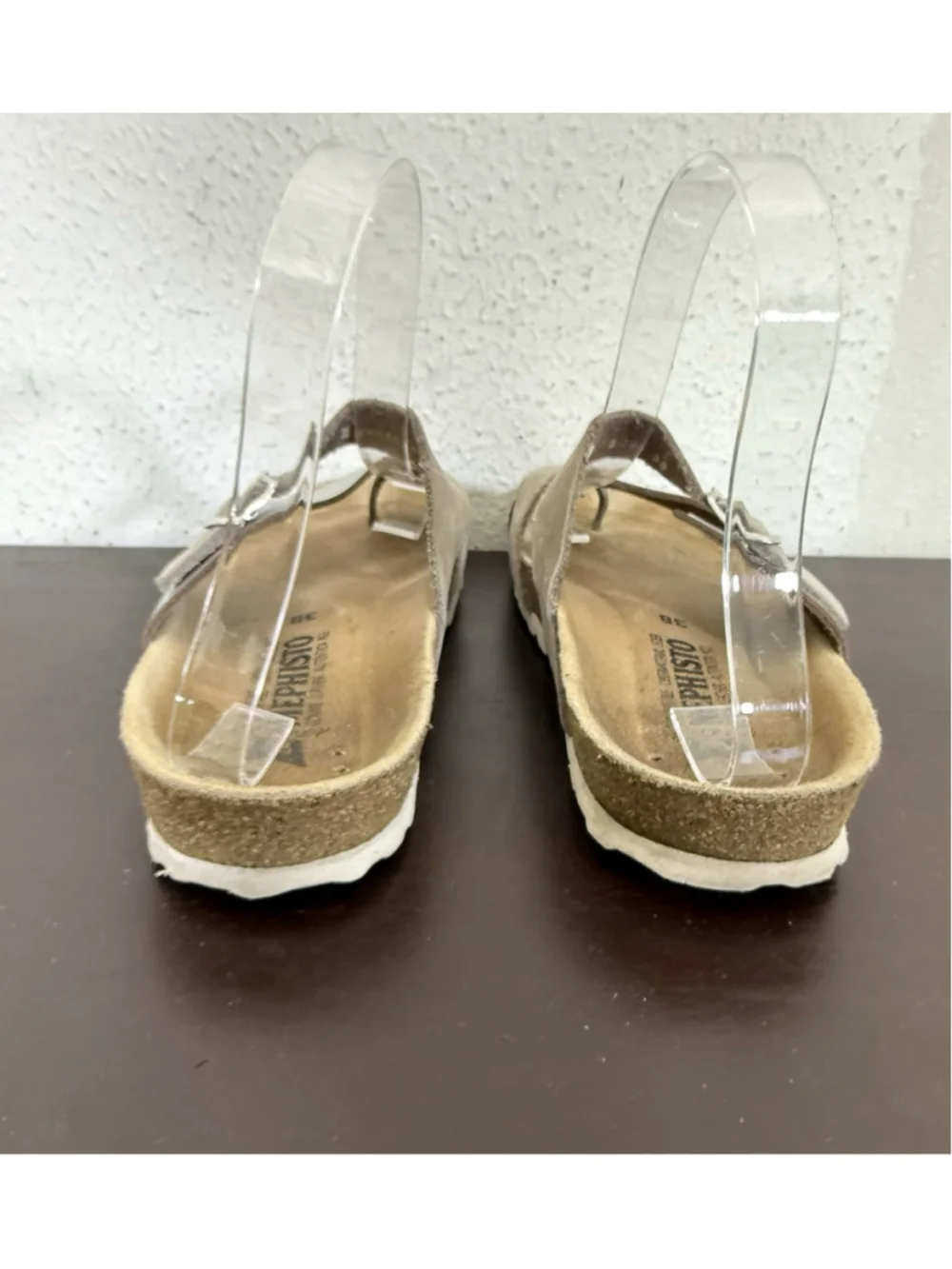 Mephisto Nalia Sandal Womens 38EU/8US Slip On Slide Silver & Tan Leather Boho